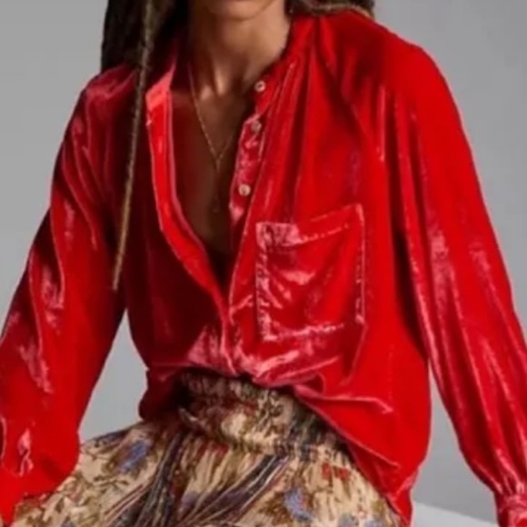 Anthropologie Top | Anthropologie Pilcro Velvet Button down top | red - Picture 5 of 6